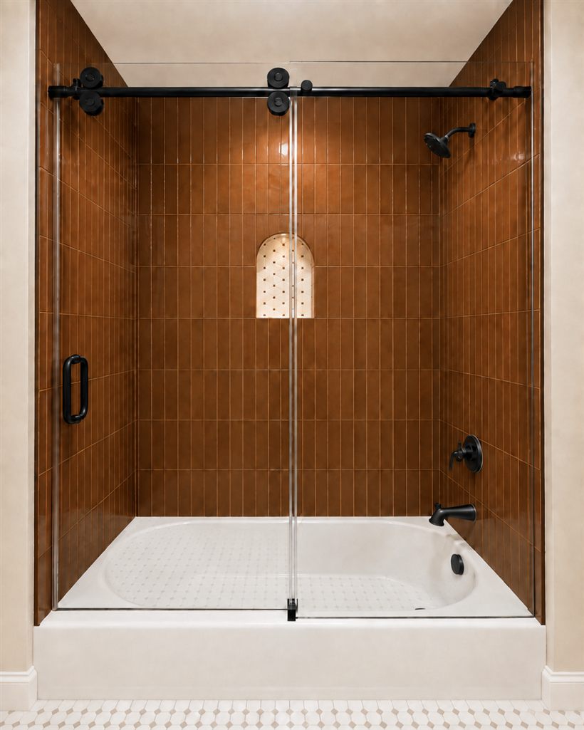 Frameless sliding glass enclosure over a bathtub