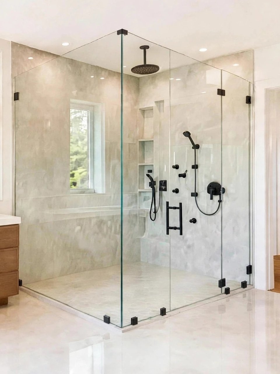 Frameless corner shower with curbless, seamless entry